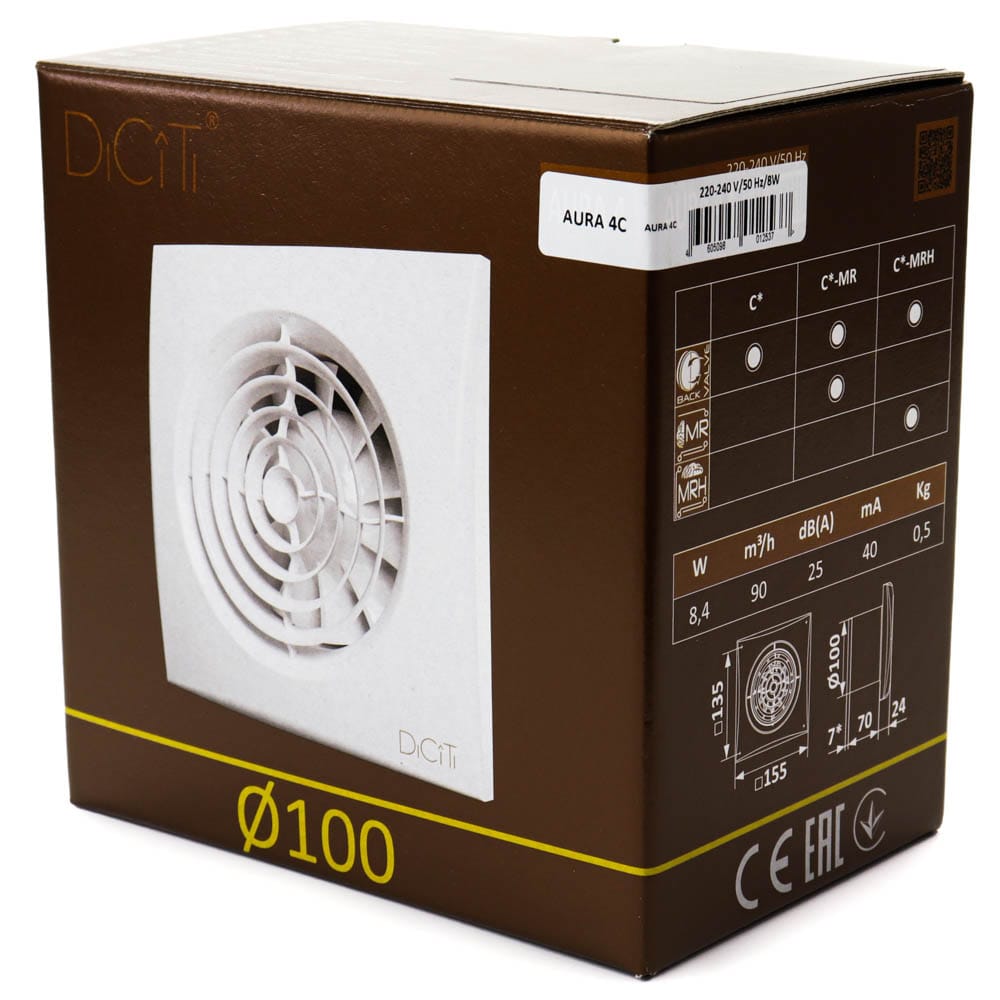Ventilator baie AURA 4C Silent Clapeta antiretur, Garantie 2 ani, Motor Long Life 40000h, Debit 90mc/h Ø100mm
