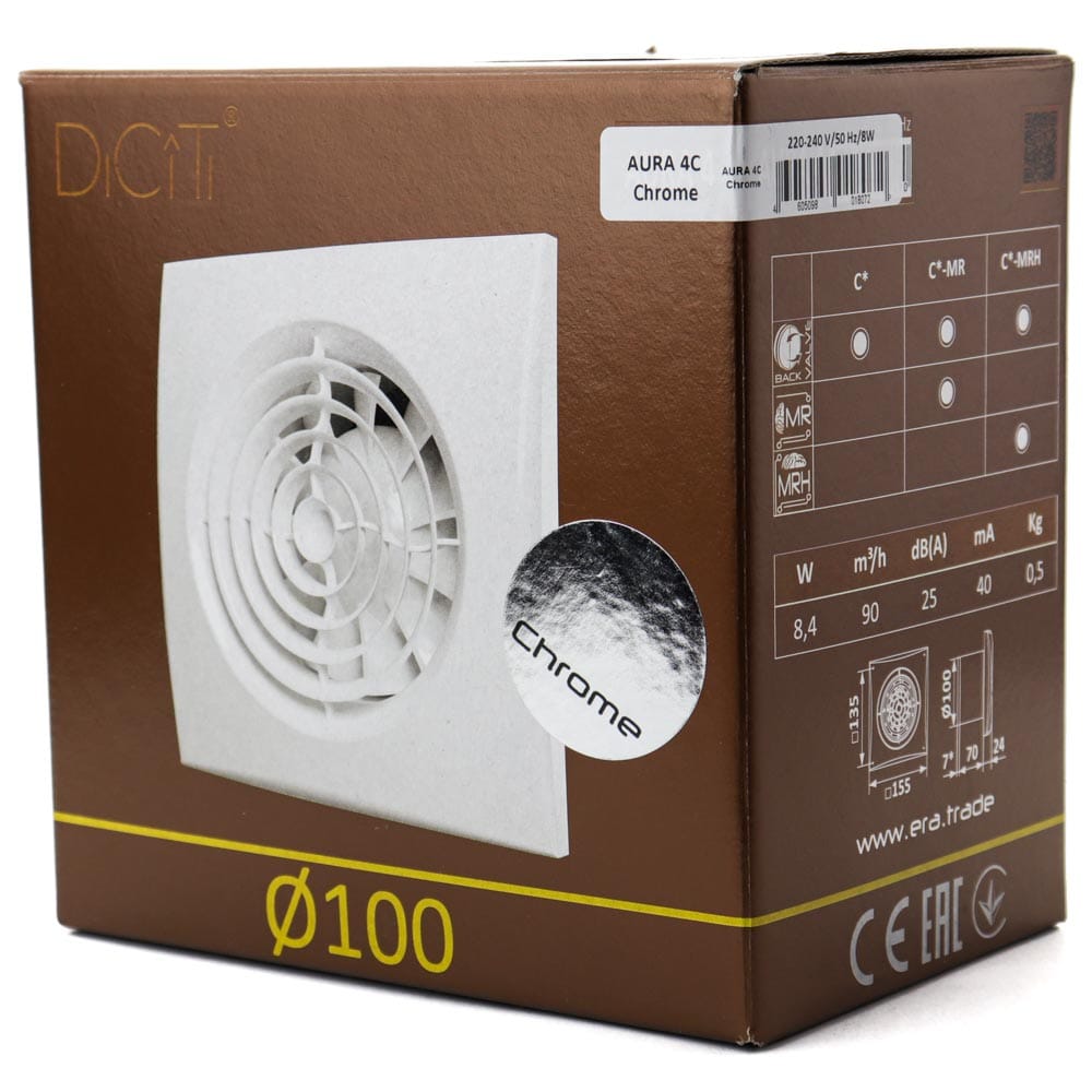 Ventilator baie AURA 5C Silent, Clapeta antiretur, Garantie 2 ani, Motor Long Life 40000h, Debit 180mc/h, Ø125mm Chrome