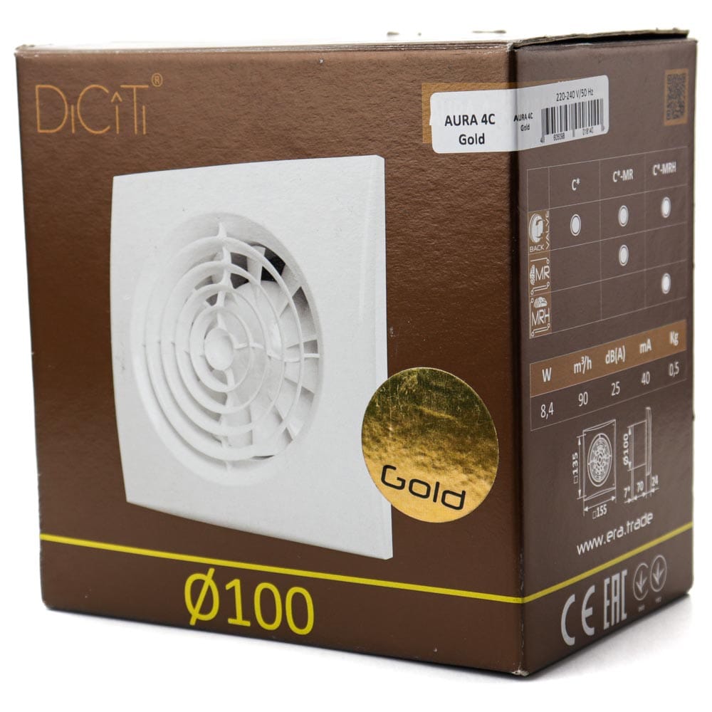 Ventilator baie AURA 4C Silent, Clapeta antiretur, Garantie 2 ani, Motor Long Life 40000h, Debit 90mc/h, Ø100mm Gold