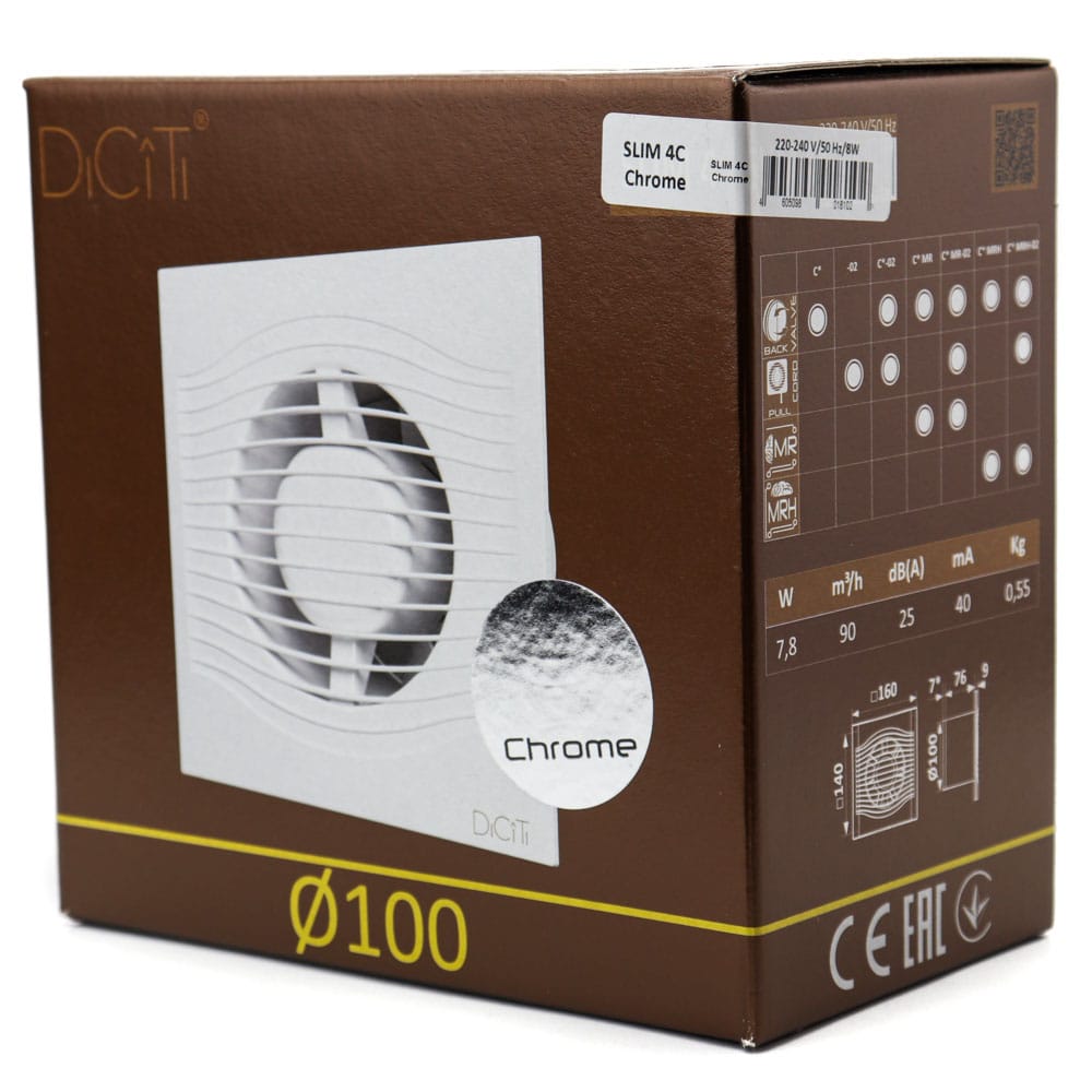 Ventilator baie SLIM 5C Ø125, Super Silent, Clapeta antiretur, Garantie 2 ani, Motor Long Life 40000h, Debit 140mc/h, Chrome