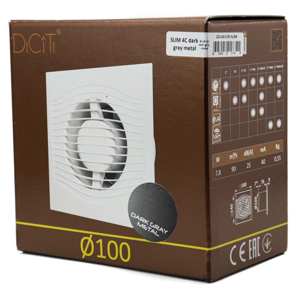 Ventilator baie SLIM 4C Ø100, Super Silent, Clapeta antiretur, Motor Long Life 40000h, Debit 90mc/h, Dark Gray Metal