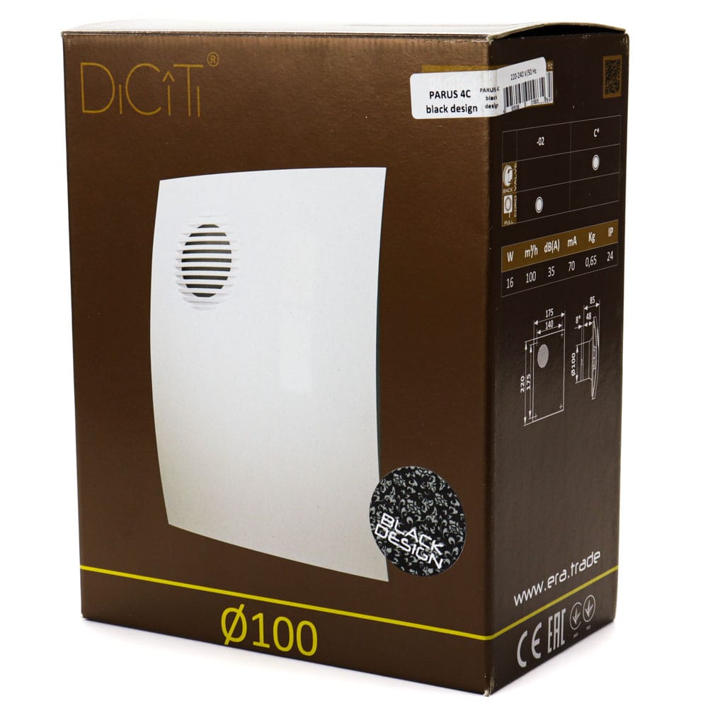 Ventilator baie PARUS 4C, Ø100, Silent, Garantie 2 ani, Debit 100mc/h, Motor Long Life 40000h, Black Design