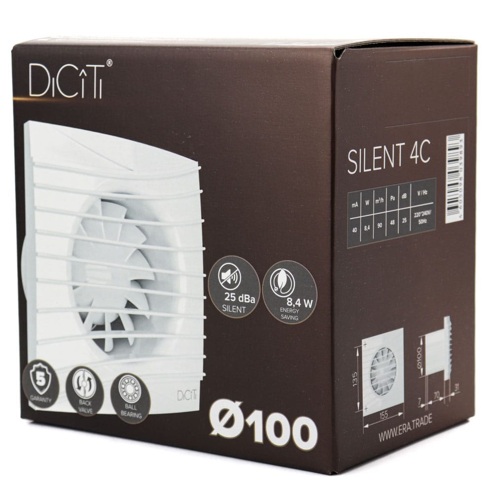 Ventilator baie SILENT 5C , Super Silent, Clapeta antiretur, Motor Long Life 40000h, Debit 180mc/h, Ø125mm