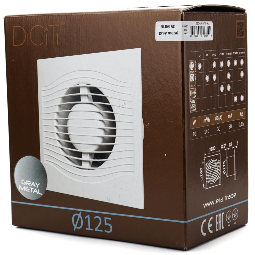 Ventilator baie SLIM 5C Ø125, Super Silent, Clapeta antiretur, Garantie 2 ani, Motor Long Life 40000h, Debit 140mc/h, Gray Metal