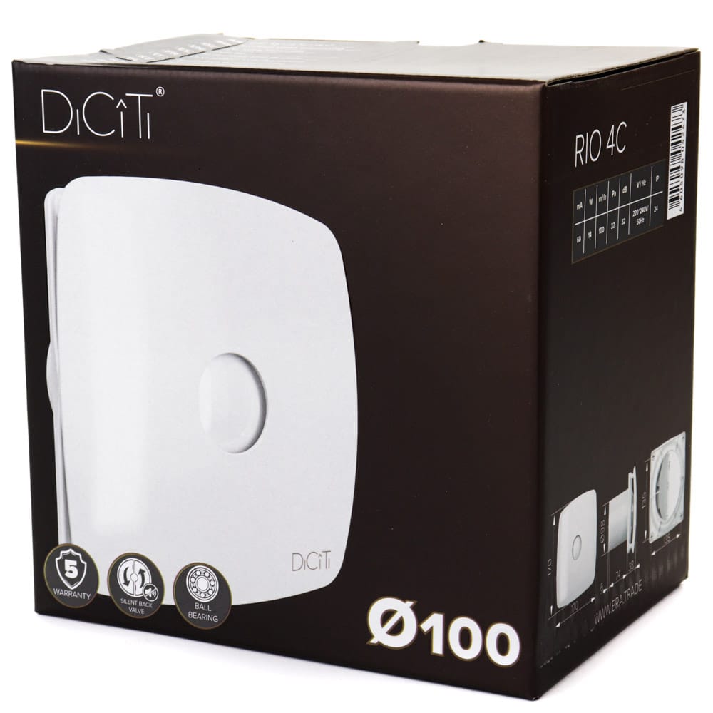 Ventilator de baie RIO 4C MRH, Debit 100 m3/h, Ø 98, Clapeta antiretur, Fusion Logic 1.1, Timer si senzor de umiditate