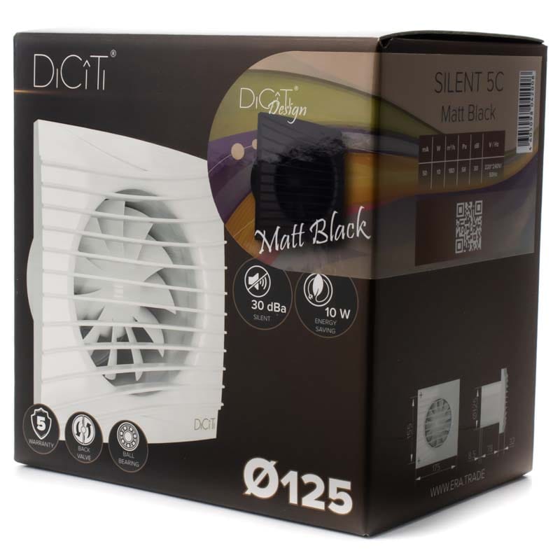 Ventilator baie SILENT 5C Matt Black, Super Silent, Clapeta antiretur, Motor Long Life 40000h, Debit 180mc/h, Ø125mm , Matt Black