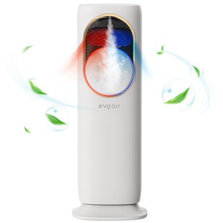 Ventilator turn 4 in 1 Evoair BRIIS GOLD, Functie Incalzire, Racire, Umidificare, Sterilizare UV, Telecomanda, 5 viteze, Pastile Racire 2+2 Cadou, Rezervor 3.15l Alb&Auriu