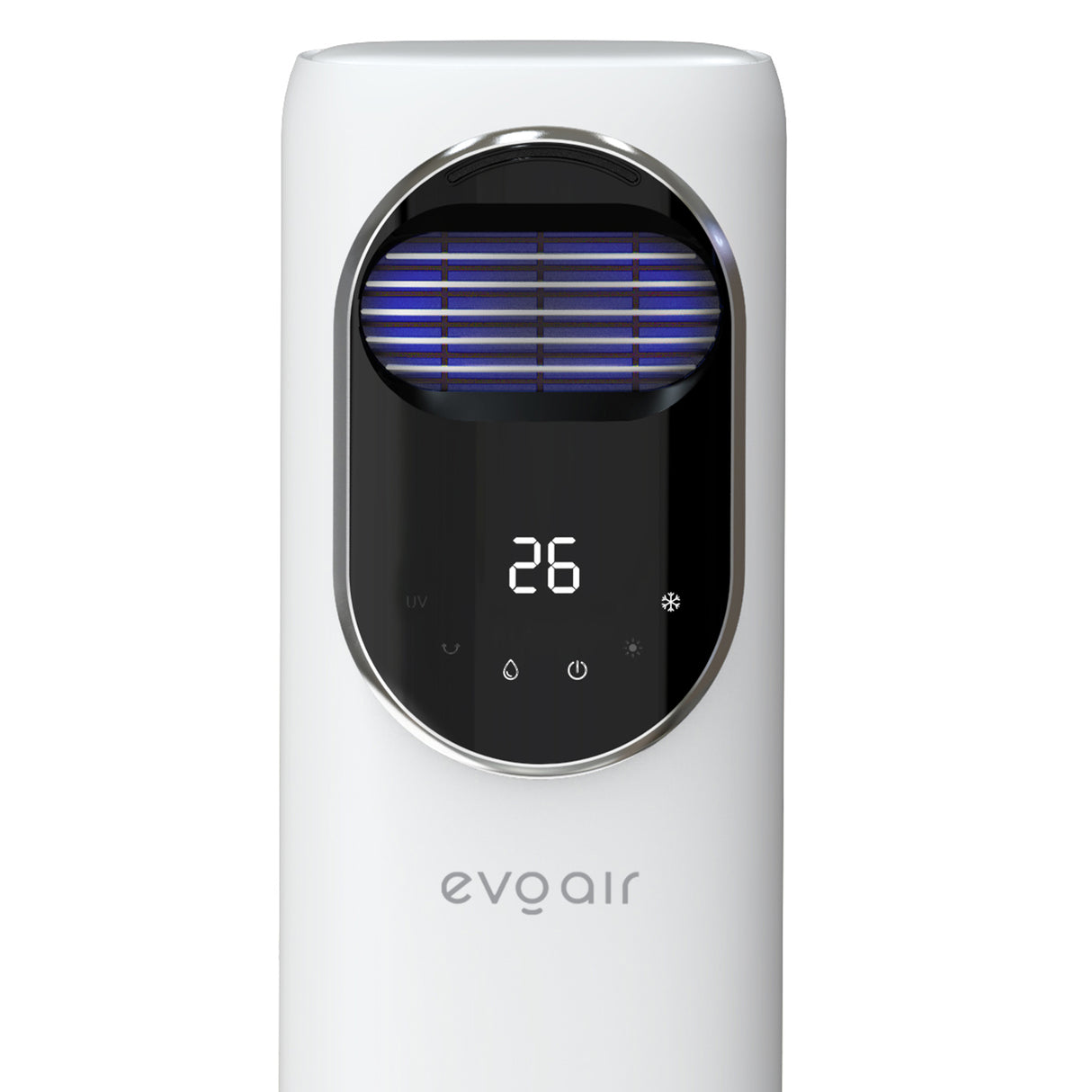 Ventilator turn 4 in 1 Evoair BRIIS SILVER, Functie Incalzire, Racire, Umidificare, Sterilizare UV, Telecomanda, 5 viteze, Pastile Racire 2+2 Cadou, Rezervor 3.15l Alb&Argintiu