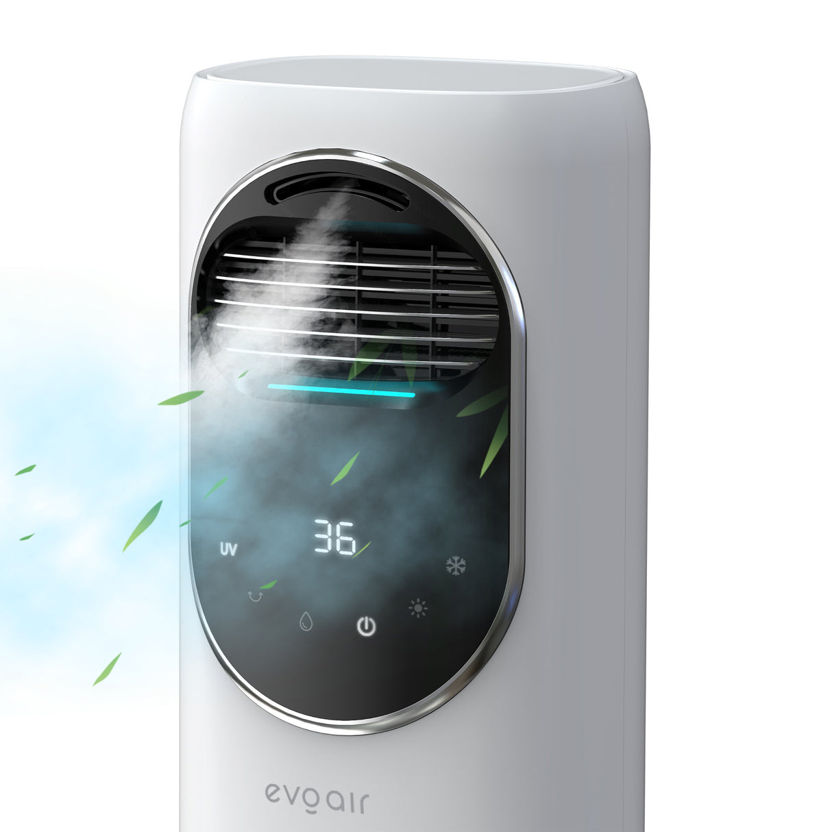 Ventilator turn 4 in 1 Evoair BRIIS SILVER, Functie Incalzire, Racire, Umidificare, Sterilizare UV, Telecomanda, 5 viteze, Pastile Racire 2+2 Cadou, Rezervor 3.15l Alb&Argintiu