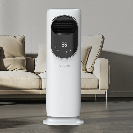 Ventilator turn 4 in 1 Evoair BRIIS SILVER BLACK, Functie Incalzire/Racire/Umidificare/Sterilizare UV, Telecomanda, 5 viteze, Pastile Racire 2+2 Cadou, Rezervor 3.15l, Display Negru, Contur Argintiu (Display cu mici imperfectiuni vizuale)
