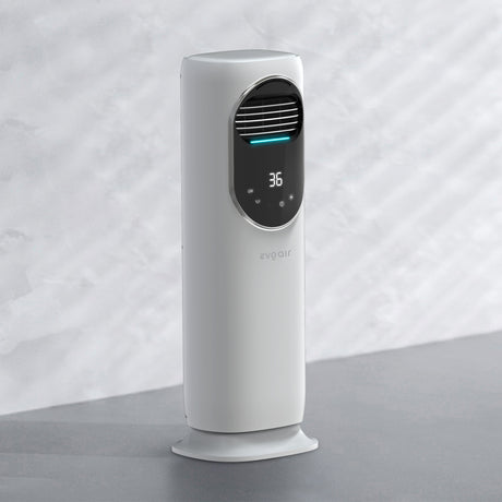 Ventilator turn 4 in 1 Evoair BRIIS SILVER, Functie Incalzire, Racire, Umidificare, Sterilizare UV, Telecomanda, 5 viteze, Pastile Racire 2+2 Cadou, Rezervor 3.15l Alb&Argintiu