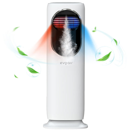 Ventilator turn 4 in 1 Evoair BRIIS SILVER, Functie Incalzire, Racire, Umidificare, Sterilizare UV, Telecomanda, 5 viteze, Pastile Racire 2+2 Cadou, Rezervor 3.15l Alb&Argintiu