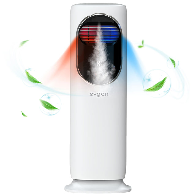 Ventilator turn 4 in 1 Evoair BRIIS SILVER, Functie Incalzire, Racire, Umidificare, Sterilizare UV, Telecomanda, 5 viteze, Pastile Racire 2+2 Cadou, Rezervor 3.15l Alb&Argintiu