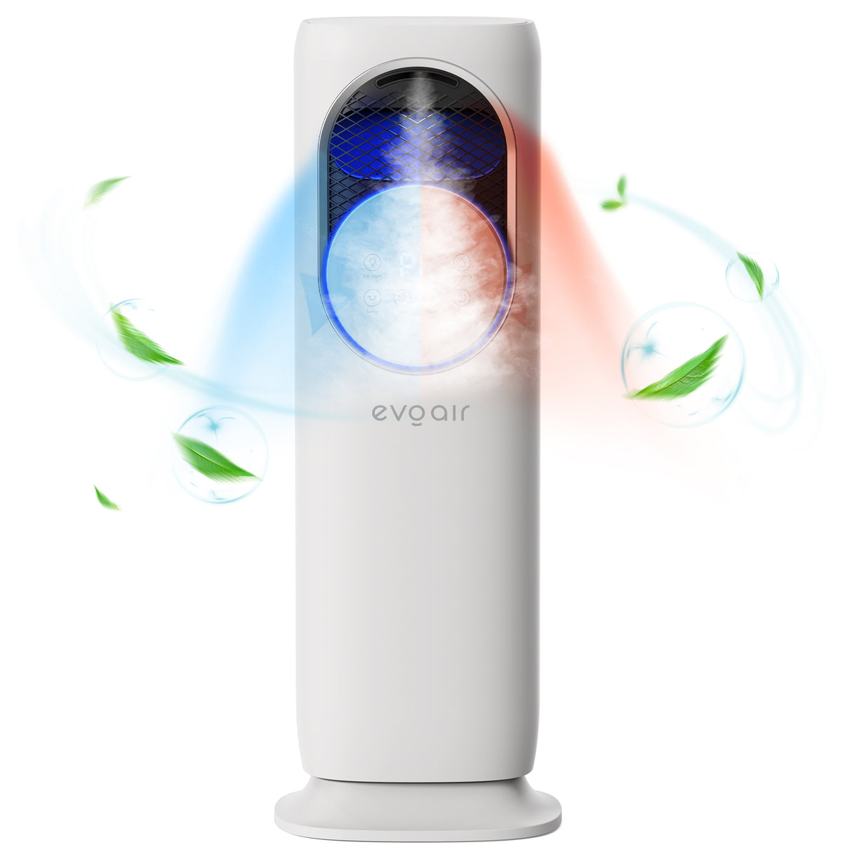 Ventilator turn 4 in 1 Evoair BRIIS SILVER, Aerotermă, Răcitor, Umidificator, Sterilizator UV, Telecomanda, 2 viteze Încălzire, 3 viteze Răcire, Pastile Racire 2+2 Cadou, Rezervor 3.15l Alb/Argintiu