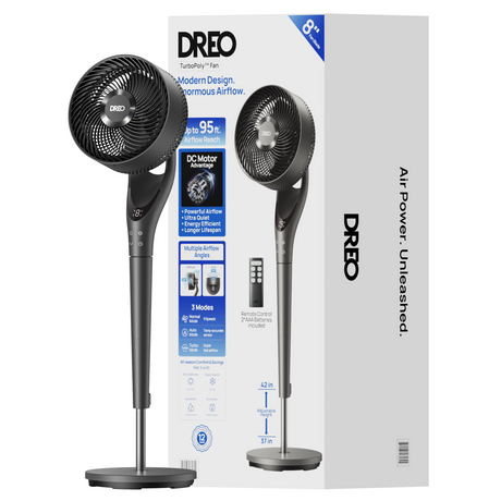 Ventilator Circular Dreo DR-HPF024, Telecomandă, 9 Viteze, 4 Moduri Funcționare, Oscilație Automată, Timer, Motor DC Silențios, Înălțime Reglabilă, Gri