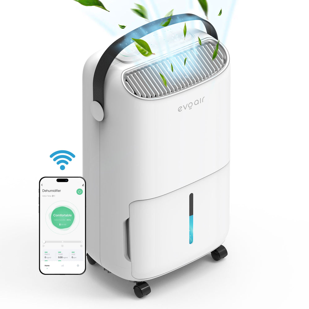 Dezumidificator Evoair, NovaDry 12 Smart, 12l/24h, Senzor de Umiditate, Functie Ionizare, Uscare Rufe, Rezervor 2.5l, Lampa UVC, Alb, Curea Neagra