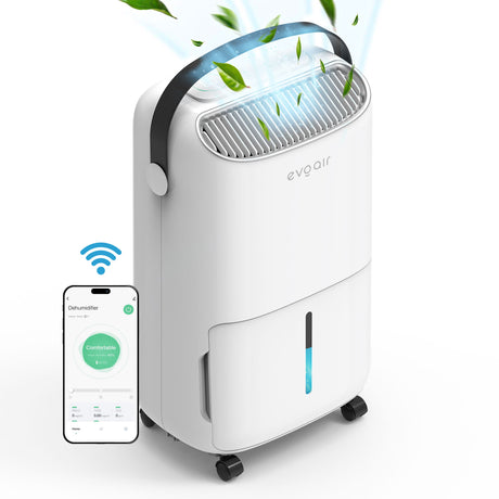 Dezumidificator Evoair, NovaDry 12 Smart, 12l/24h, Senzor de Umiditate, Functie Ionizare, Uscare Rufe, Rezervor 2.5l, Lampa UVC, Alb, Curea Neagra