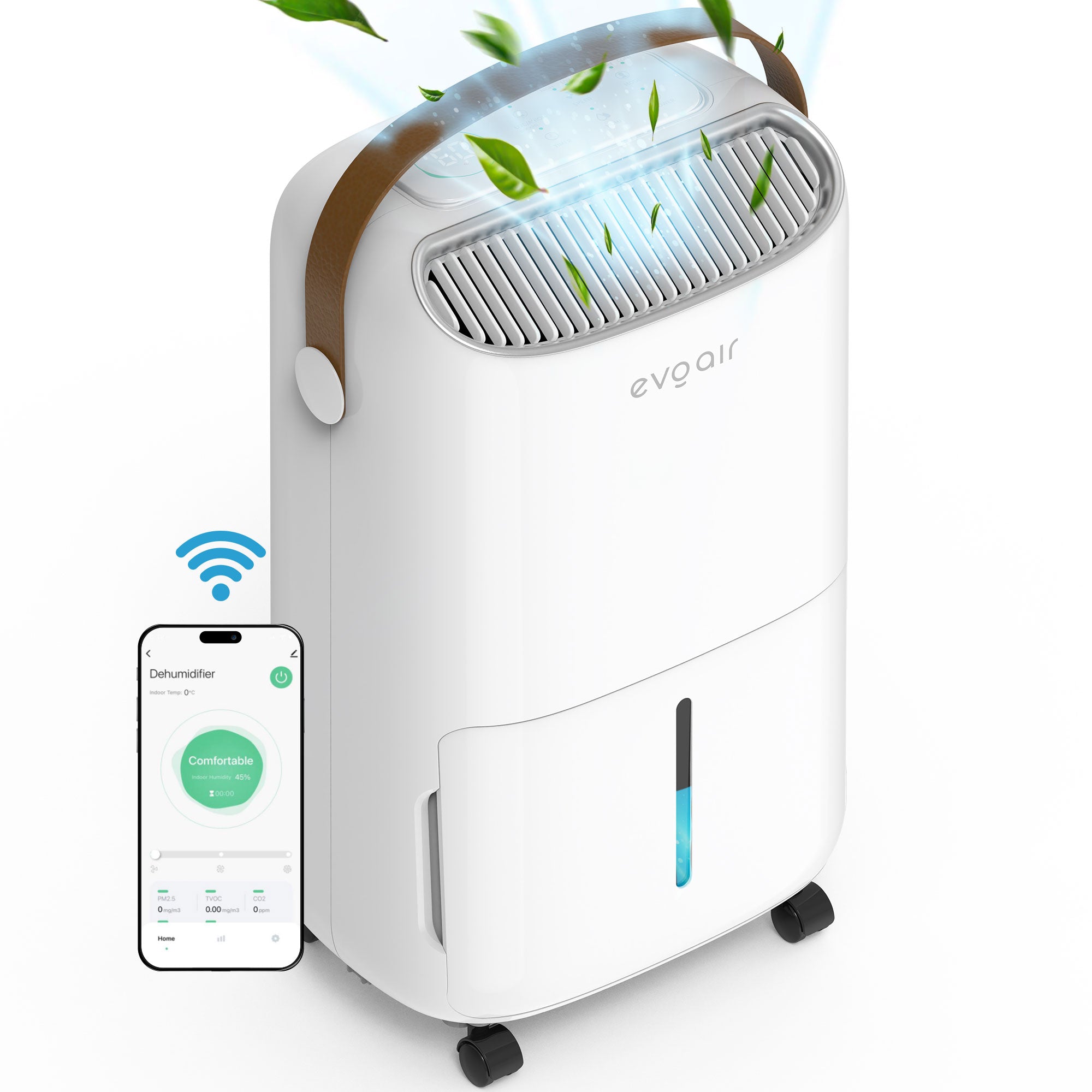 Dezumidificator Evoair, NovaDry 12 Smart, 12l/24h, Senzor de Umiditate, Functie Ionizare, Uscare Rufe, Rezervor 2.5l, Lampa UVC, Alb, Curea Maro