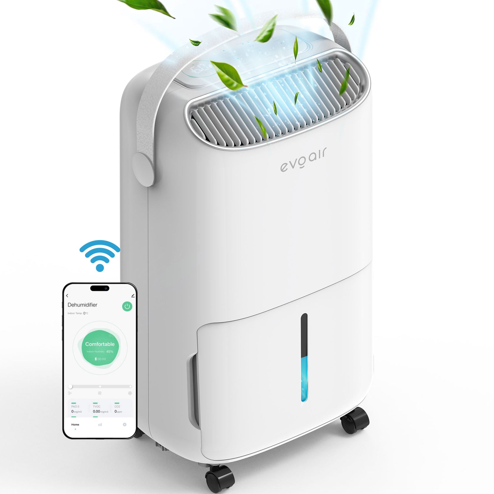 Dezumidificator Evoair, NovaDry 16 Smart, 16l/24h, Senzor de Umiditate, Functie Ionizare, Uscare Rufe, Rezervor 2.5l, Lampa UVC, Alb, Curea Crem