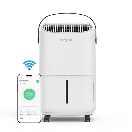 Dezumidificator Evoair, NovaDry 12 Smart, 12l/24h, Senzor de Umiditate, Functie Ionizare, Uscare Rufe, Rezervor 2.5l, Lampa UVC, Alb, Curea Neagra