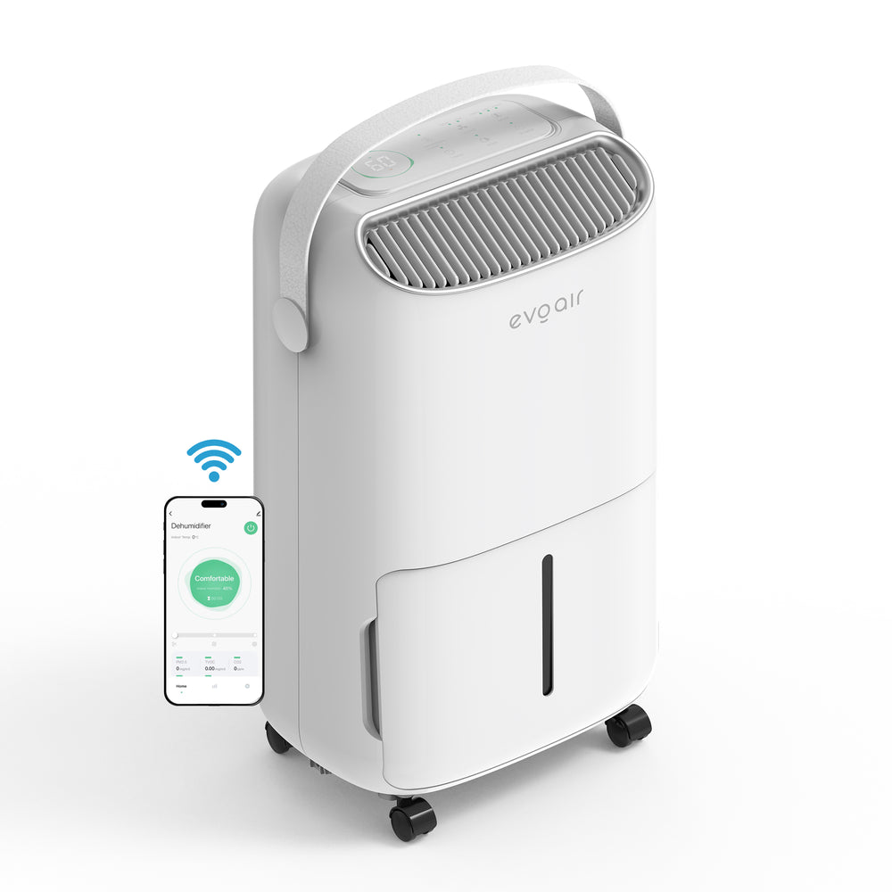 Resigilat! Dezumidificator evoair, NovaDry 12 Smart, 12l/24h, Senzor de Umiditate, Functie Ionizare, Uscare Rufe, Rezervor 2.5l, Lampa UVC, Alb, Curea Crem