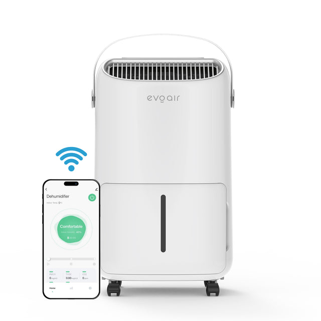 Dezumidificator evoair, NovaDry 12 Smart, 12l/24h, Senzor de Umiditate, Functie Ionizare, Uscare Rufe, Rezervor 2.5l, Lampa UVC, Alb, Curea Crem