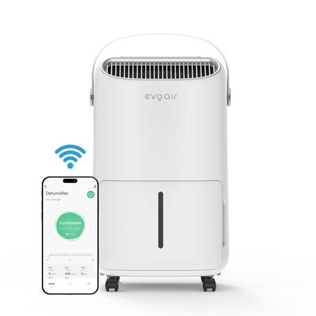 Dezumidificator Evoair, NovaDry 16 Smart, 16l/24h, Senzor de Umiditate, Functie Ionizare, Uscare Rufe, Rezervor 2.5l, Lampa UVC, Alb, Curea Crem
