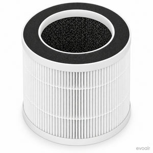 Filtru Evoair Joy văzut de sus, cu inelul negru și interiorul cu carbon activ