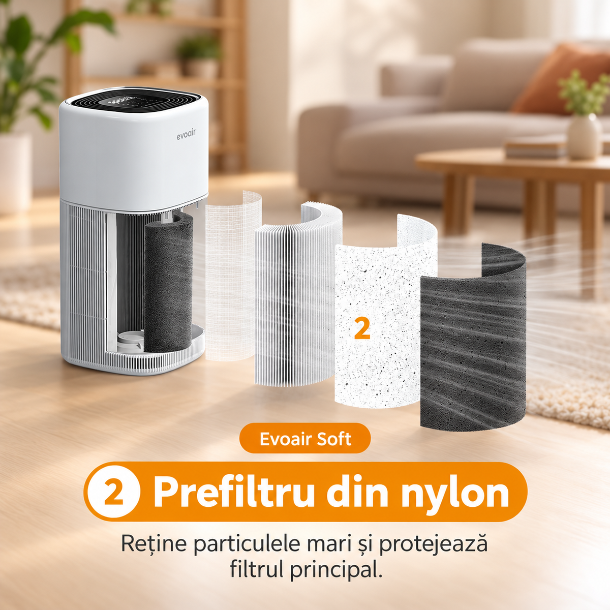 Prefiltru din nylon – filtru Evoair Soft, grafică în limba română