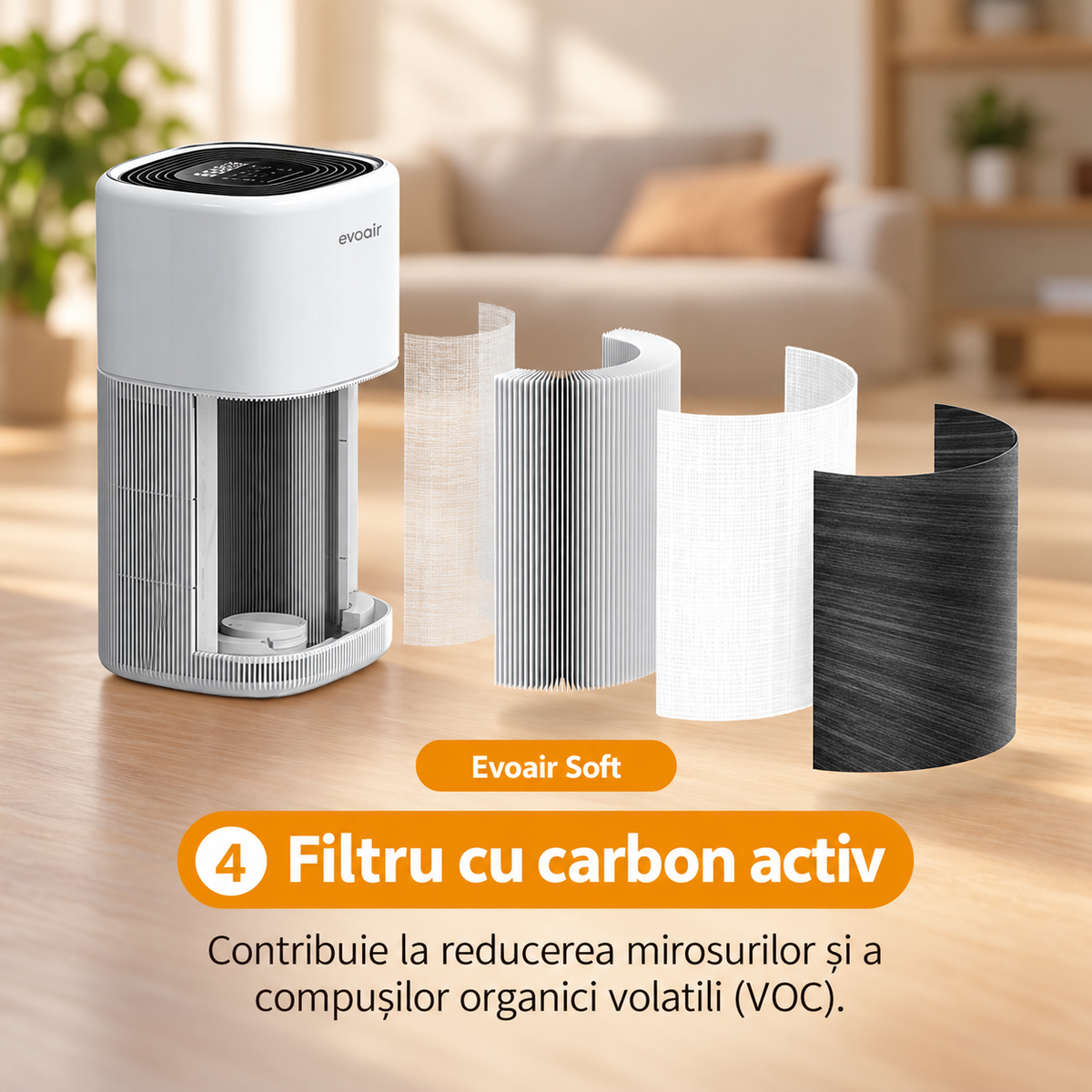 Filtru cu carbon activ – filtru Evoair Soft, grafică în limba română
