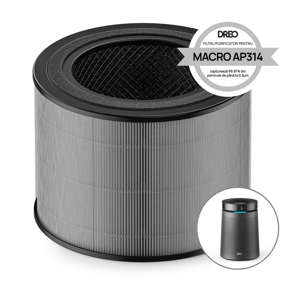 Filtru purificator de aer Dreo DR-HPA032 pentru purificator HAP006, 3 în 1, Pre-filtru, Filtru True HEPA, Filtru Carbon activ, Alb