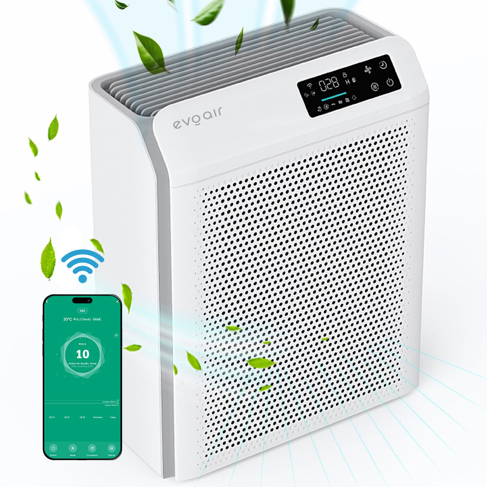 Purificator de aer Evoair HOMI P300, CADR 300m³/h, WI-FI, Filtru True Hepa, Mod Auto, Lampa UV, Ionizare, 6 Moduri Functionare, Senzor Calitate Aer, Alb