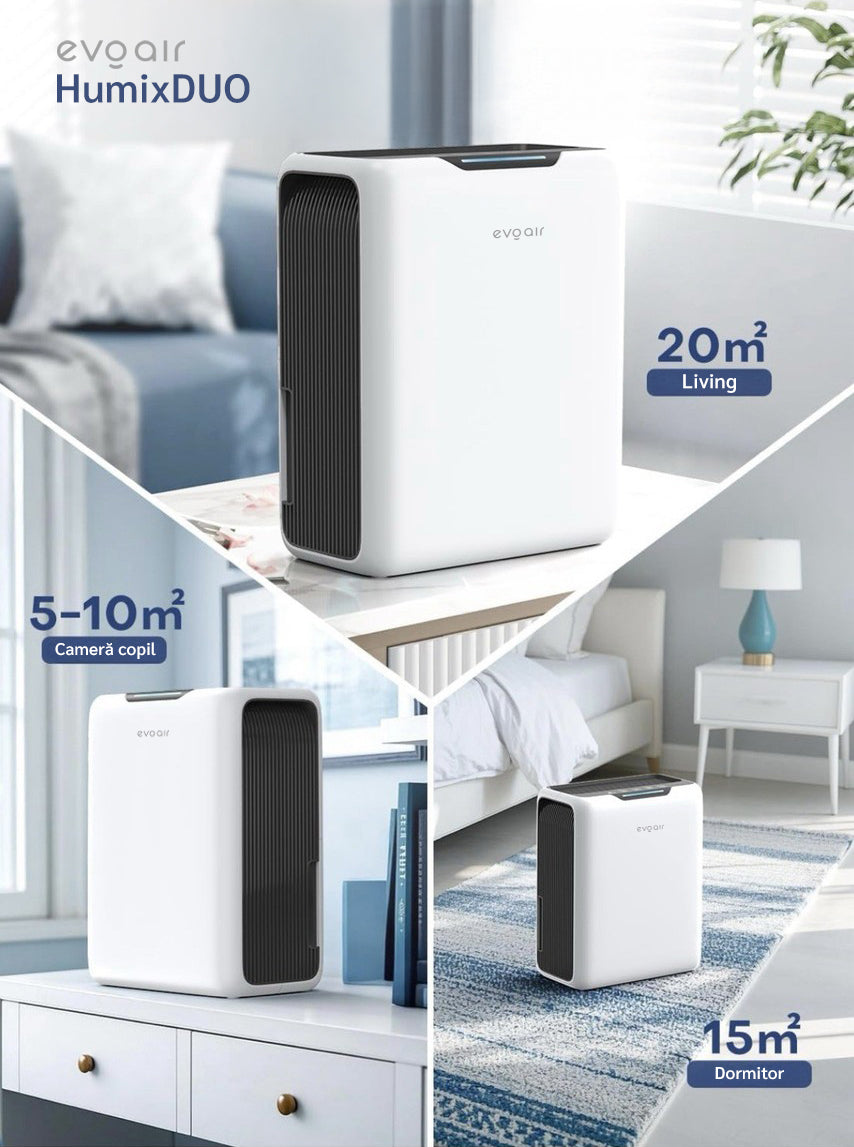 Dezumidificator aer Evoair HUMIXDUO, 500ml/24h, 3 Moduri funcționare, Silențios, Lumină Ambientală, Rezerva cu Silicagel, Timer 48h, Rezervor 2.5l, Alb