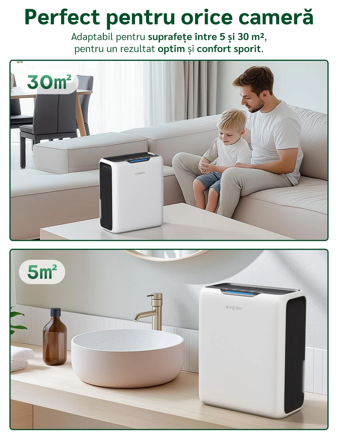 Dezumidificator aer Evoair HUMIXDUO, 500ml/24h, 3 Moduri funcționare, Silențios, Lumină Ambientală, Rezerva cu Silicagel, Timer 48h, Rezervor 2.5l, Alb