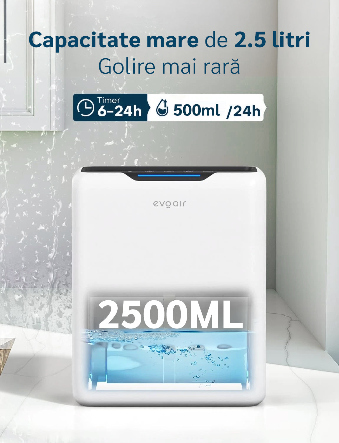 Dezumidificator aer Evoair HUMIXDUO, 500ml/24h, 3 Moduri funcționare, Silențios, Lumină Ambientală, Rezerva cu Silicagel, Timer 48h, Rezervor 2.5l, Alb