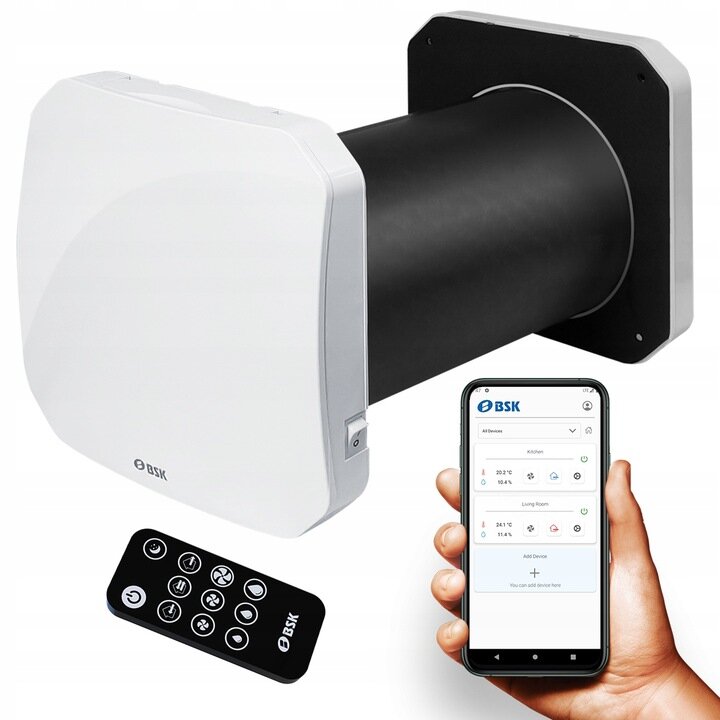 Sistem de ventilatie cu recuperare de caldura BSK ZEPHYR MINI , Debit de aer 30 m3/h, Conexiune WiFi si telecomanda, cu flux alternativ si schimbator de caldura ceramic, diametru Ø94mm